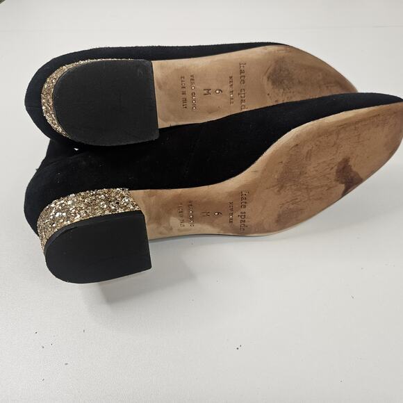 Kate Spade Black Mary Jane Suede Gold Giltter Block Heel 6M Dbl Strap Square Toe - Picture 8 of 9